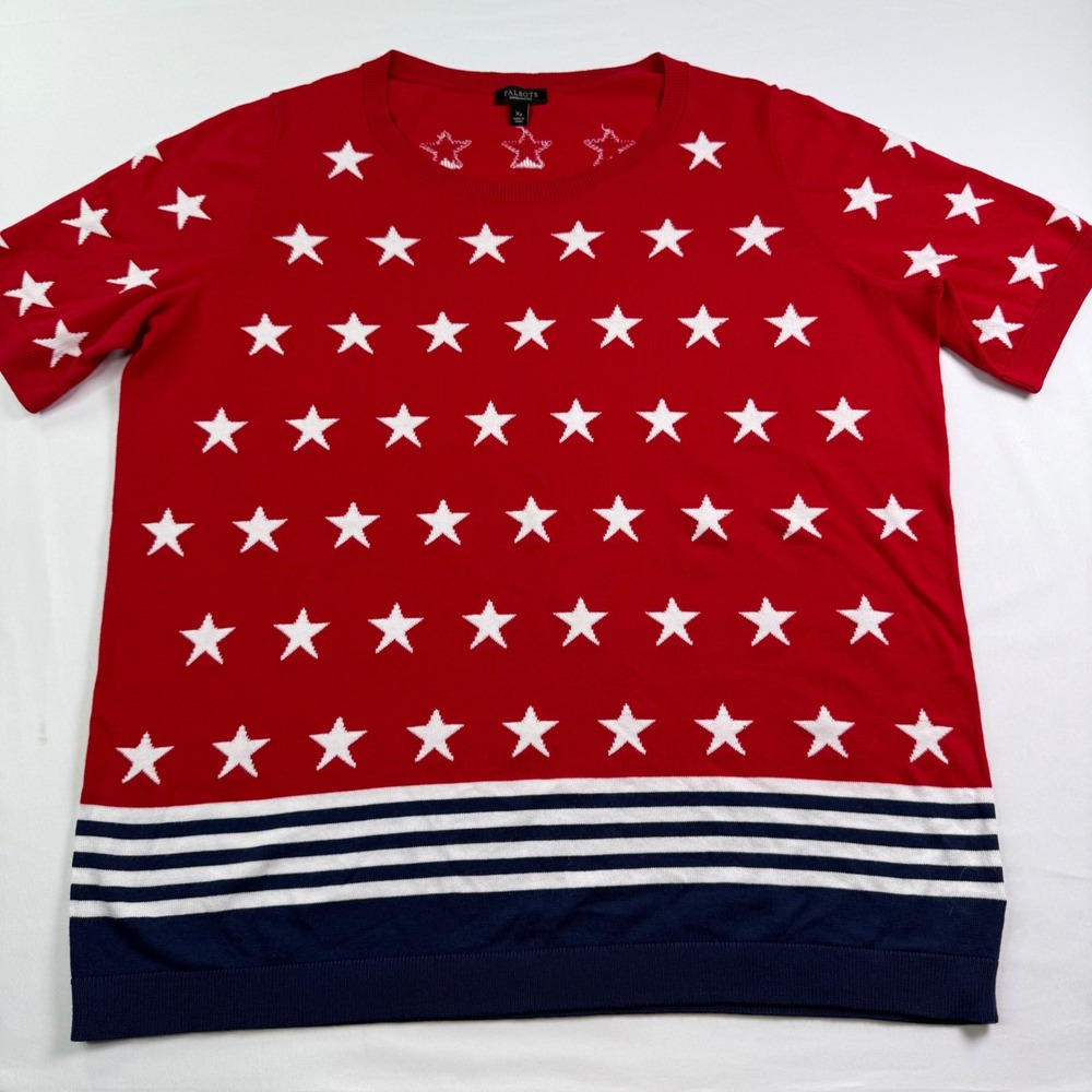 Talbots Woman Petites Stars Stripes Patriotic Sweater Red Blue White XP Cotton
